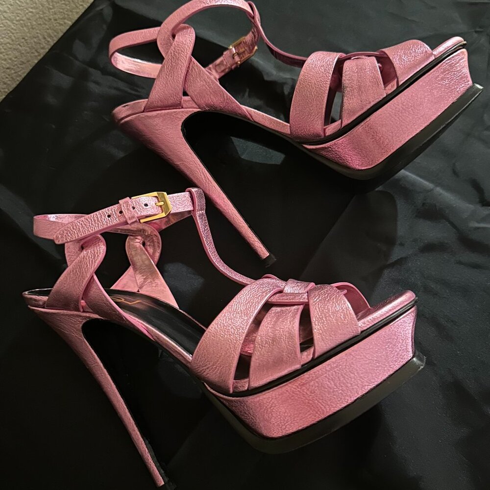 SAINT LAURENT YSL Tribute 105 Calfskin Metallic Pink Sandals, 38 Y2K 80’s - Picture 4 of 9